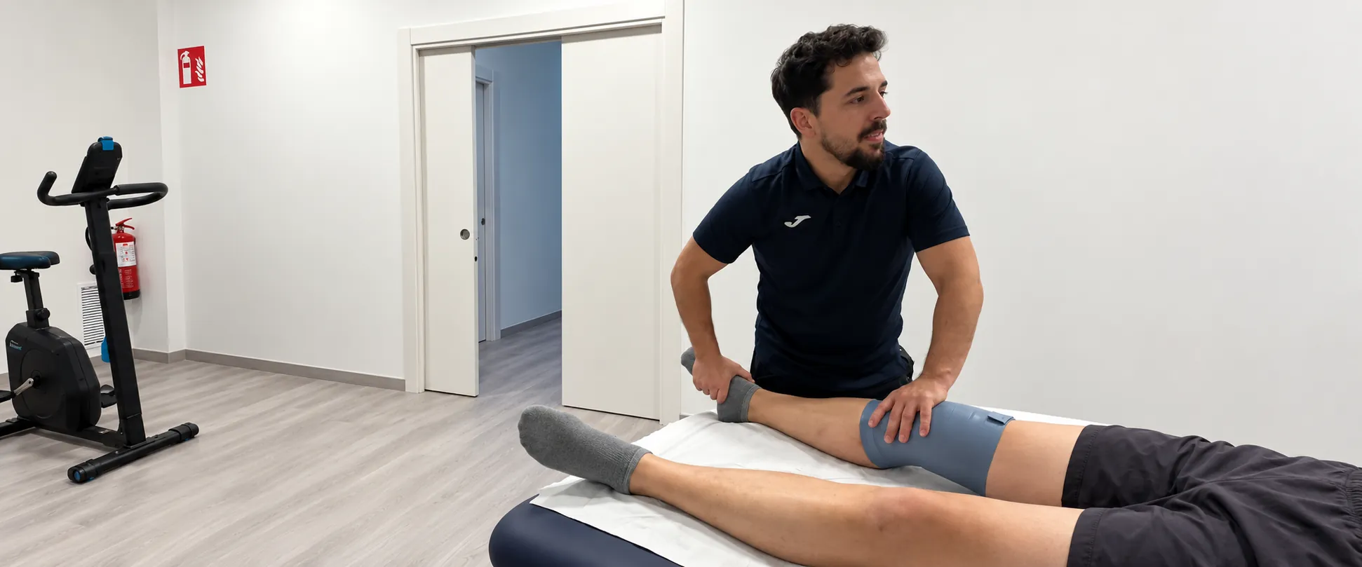 Matías Fernández tratando la rodilla de un paciente en la sala de Fisiomat, Molina de Segura