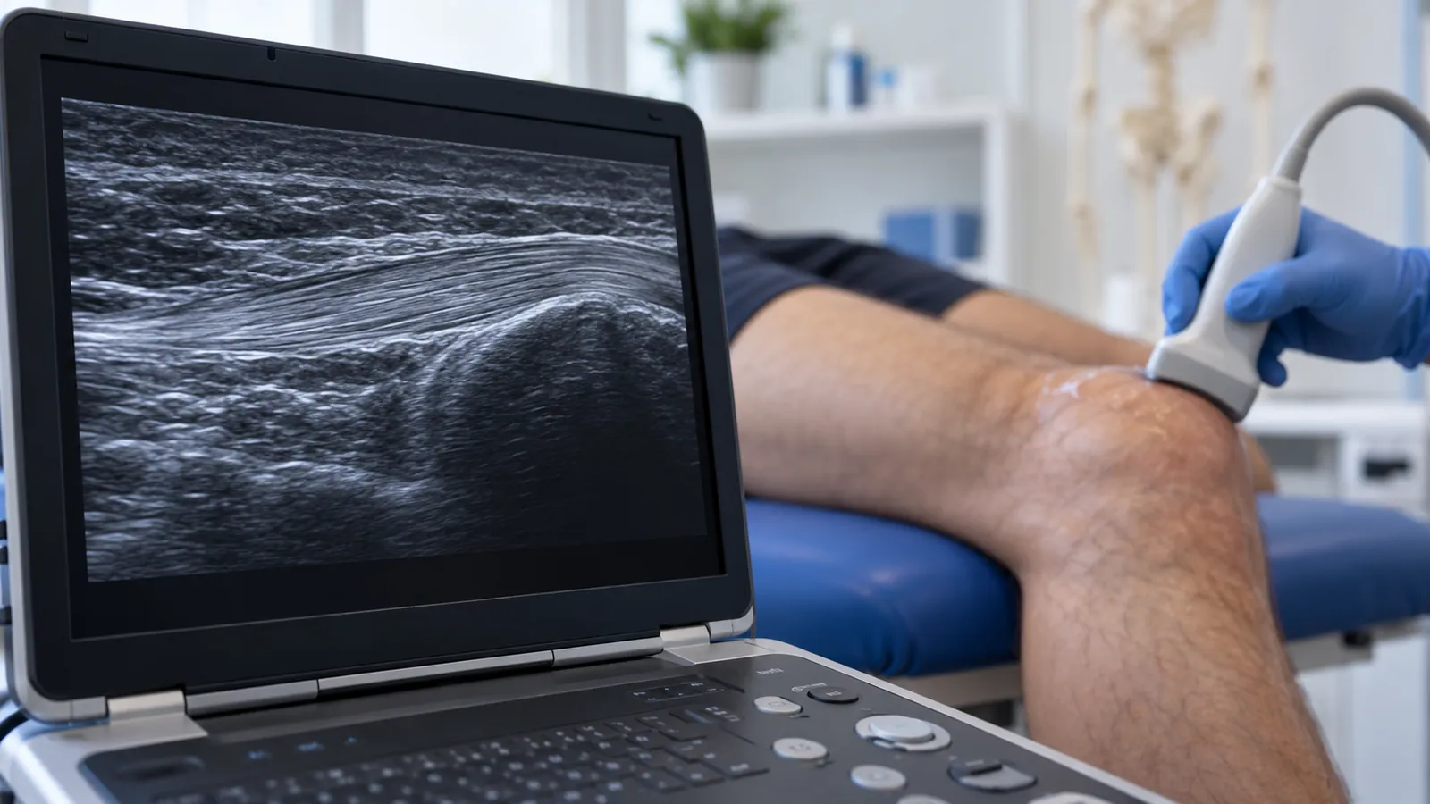 Ecógrafo mostrando un tendón mientras se explora una rodilla