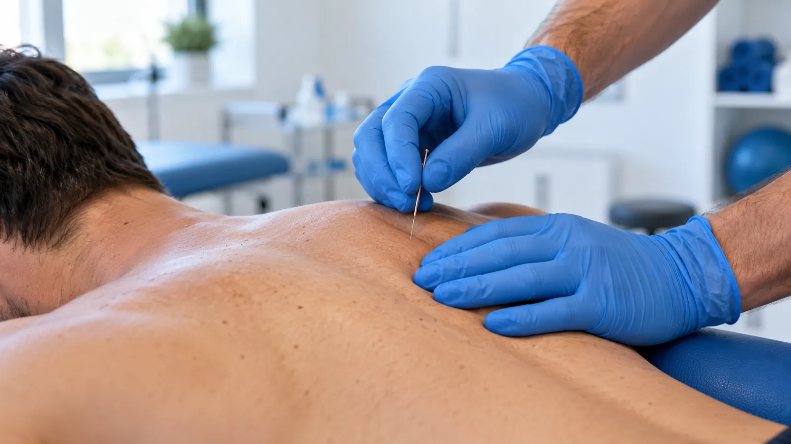 Fisioterapeuta aplicando punción seca en la espalda de un paciente