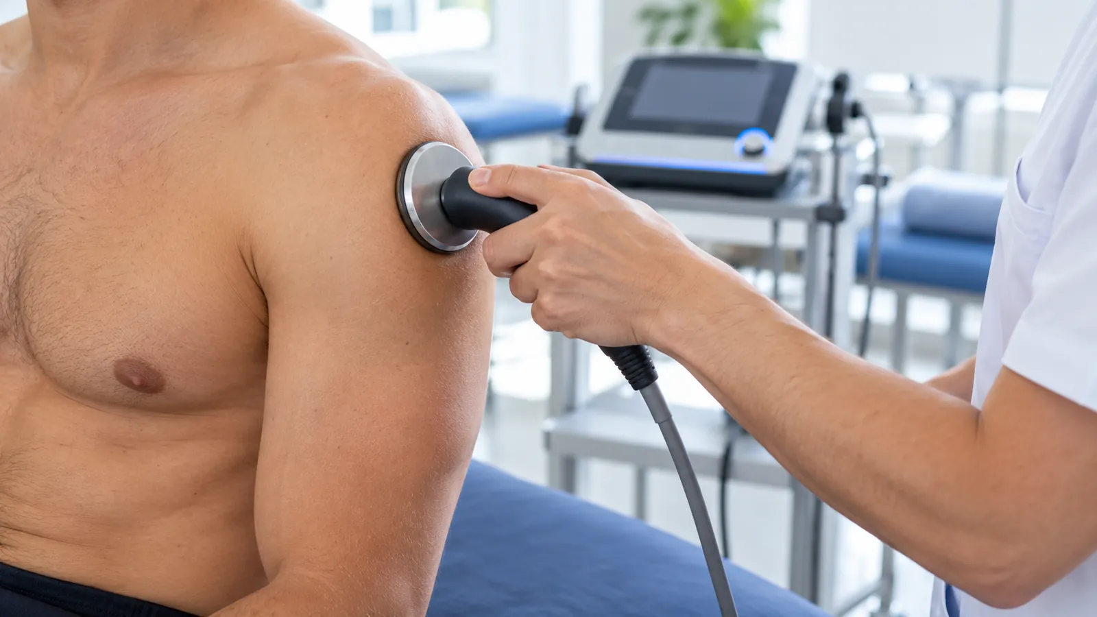 Fisioterapeuta aplicando diatermia en el hombro de un paciente