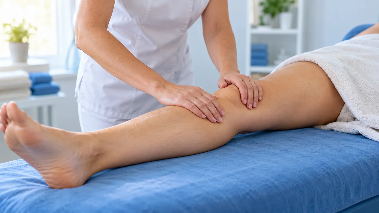 Fisioterapeuta haciendo un drenaje linfático manual en la pierna de una paciente