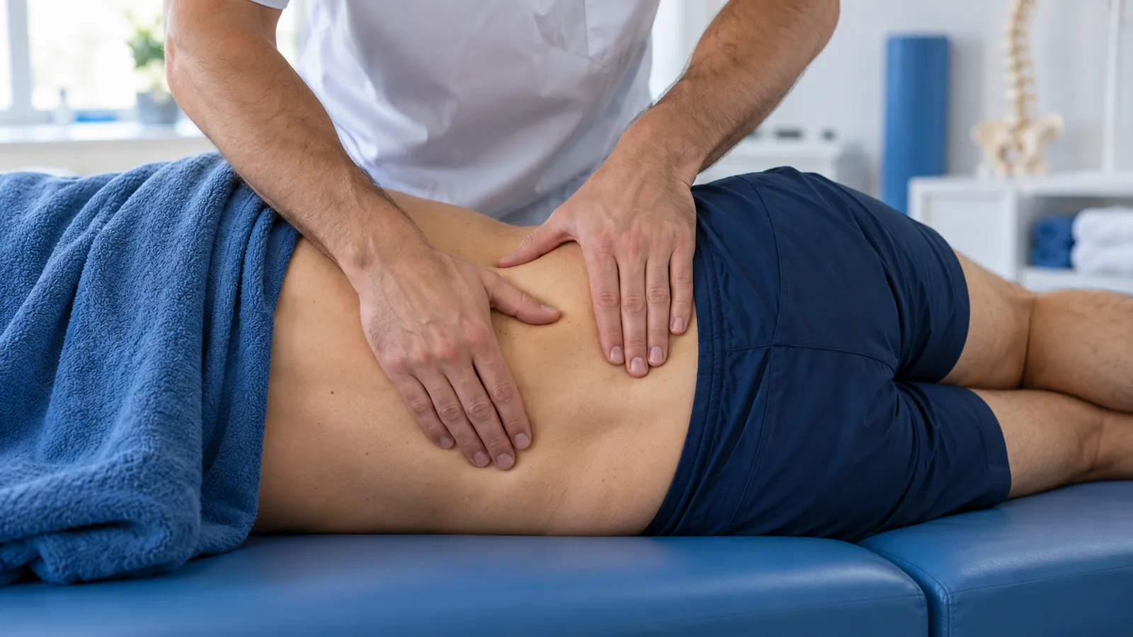 Osteópata trabajando con las manos sobre la zona lumbar de un paciente tumbado de lado