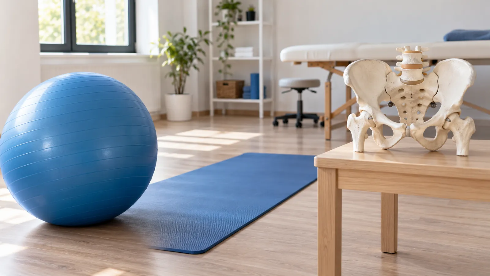 Sala de fisioterapia con pelota de pilates, esterilla y un modelo anatómico de pelvis